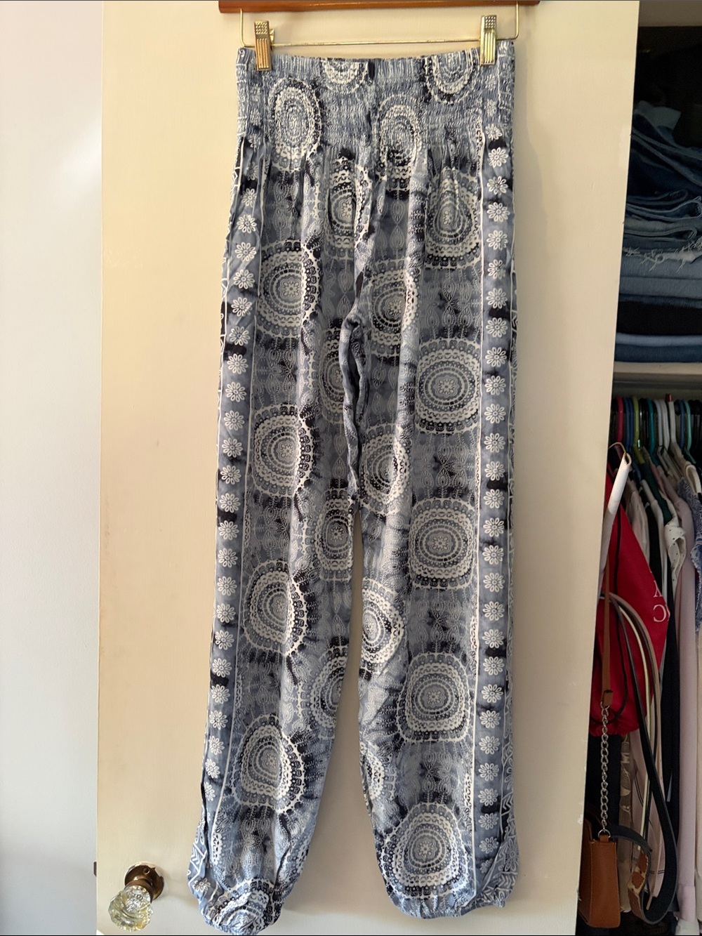 Blue Patterned Smocked Waist Joggers for Women